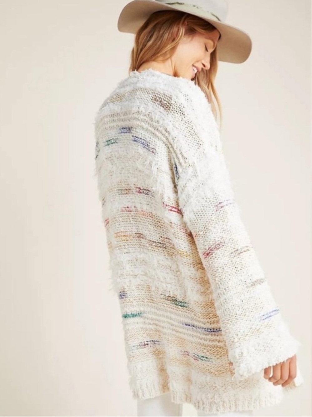 Anthropologie Cream Knit Sweater with Multicolor Accent Stitches